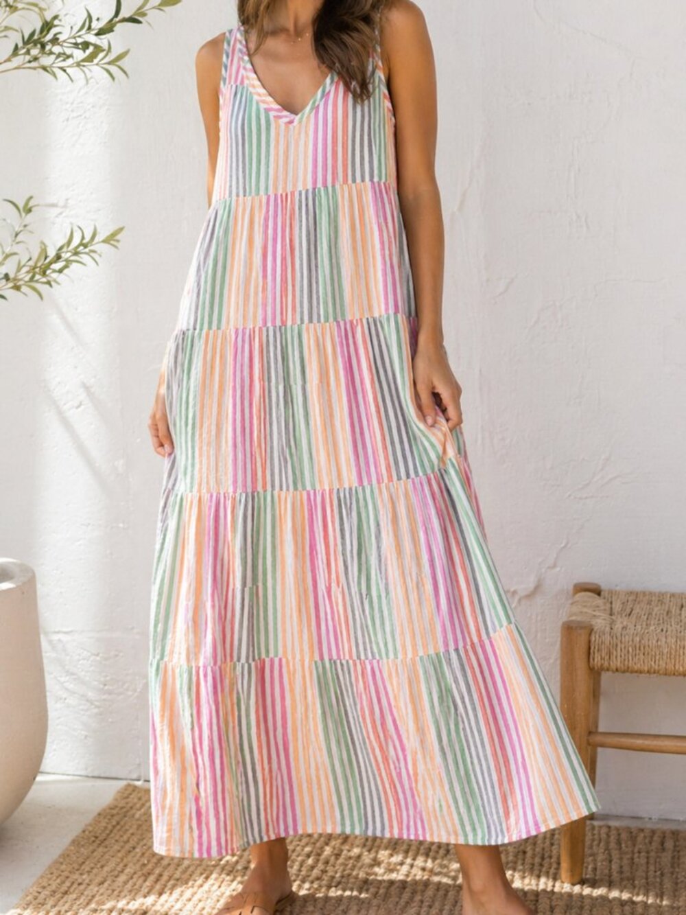 Marine Layer Corinne Stripe Tiered Maxi Dress Rainbow Gauze Style 10192 Medium